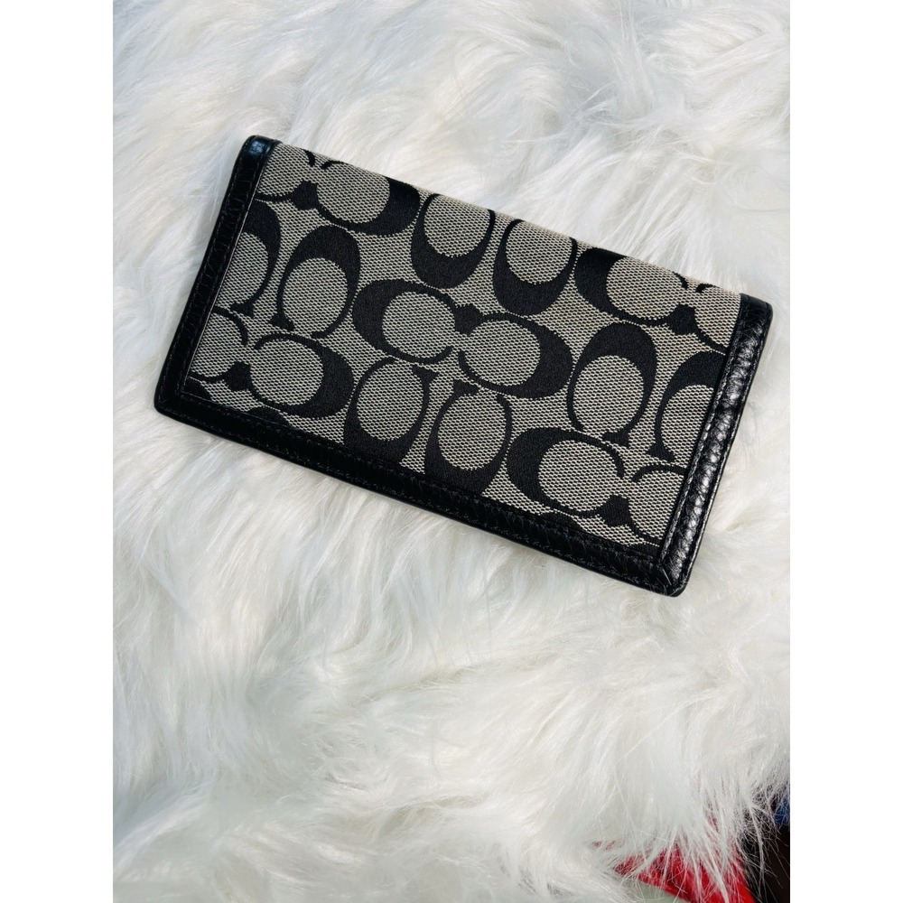 Coach Y2K Signature C Monogram Checkbook Cover Black Grey Leather Trim Wallet